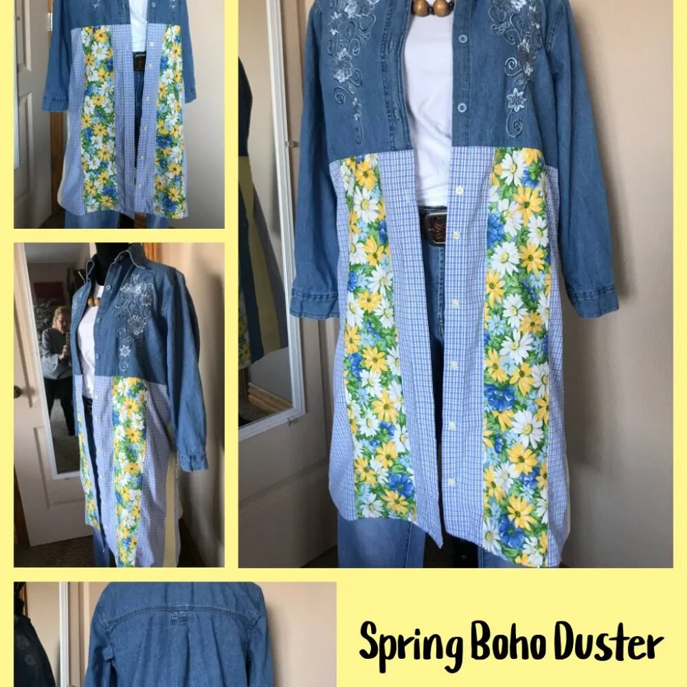 Patchwork Denim Duster, Upcycled Boho Layering Jacket Spring Daisies Size Large - Picture 14 of 14